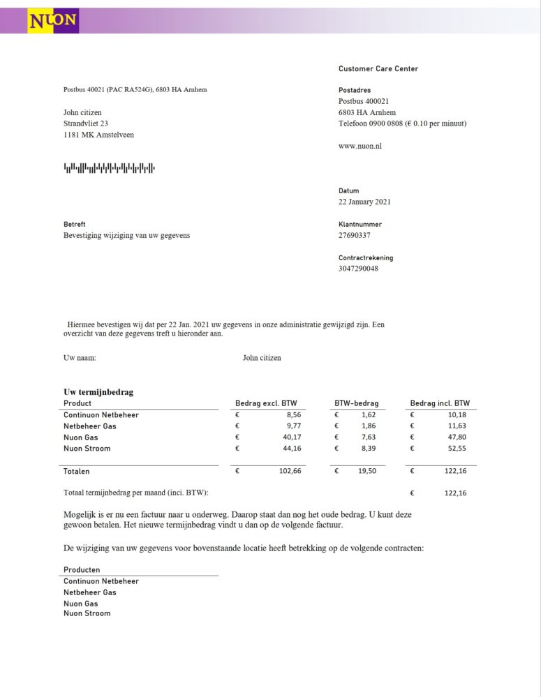 Netherlands Nuon Gas Utility Bill Word And Pdf Template
