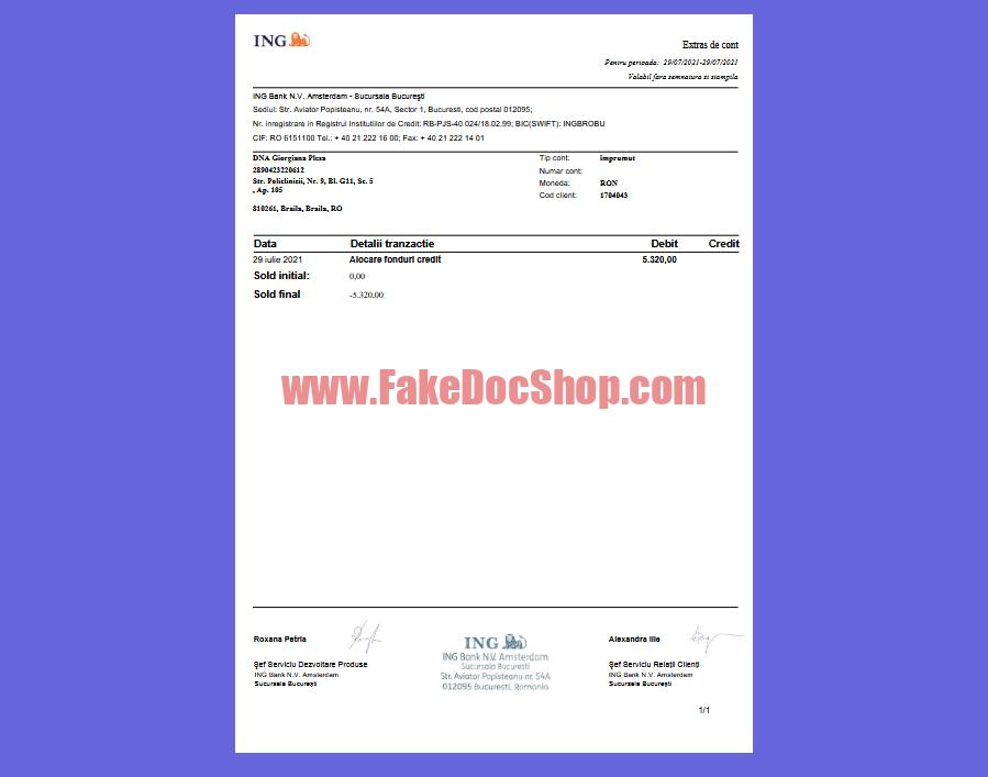 Romania ING Bank Statement Template in word and pdf format