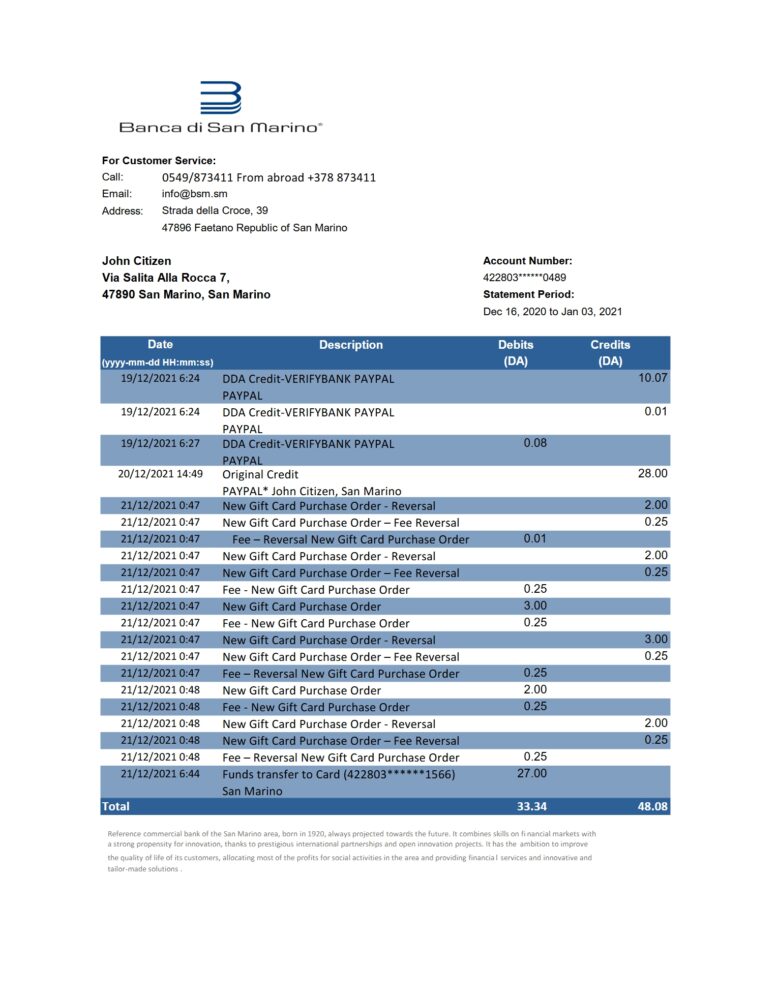 San Marino Banca Di San Marino Bank Statement Template Version 2