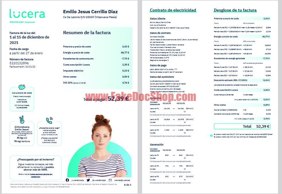 Spain Lucera Electricity Bill Template in word and pdf format