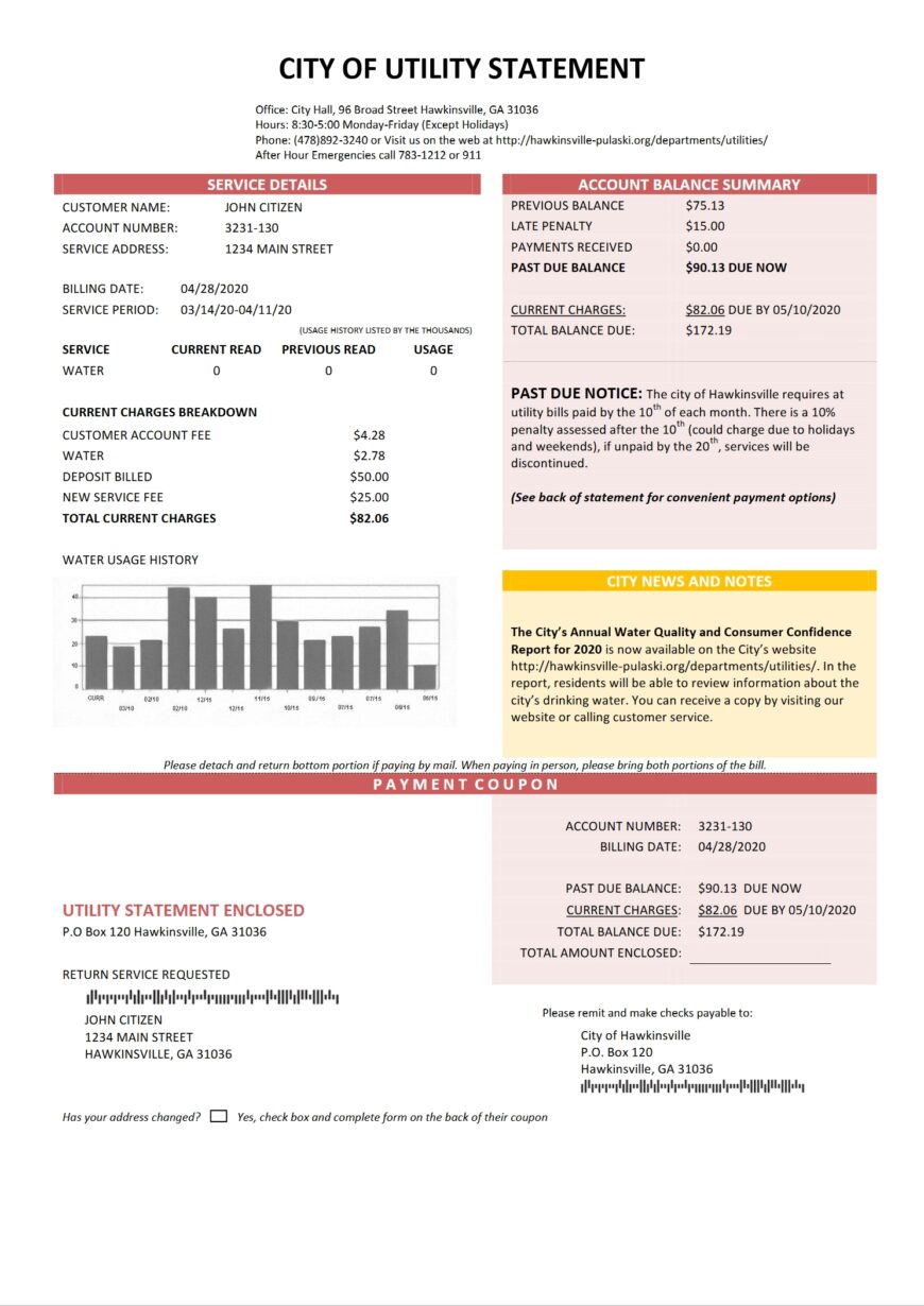 USA City Of Utility Statement Water Utility Bill Word And PDF Template
