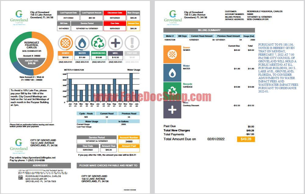 USA City of Groveland Utility Bill Template in word and pdf format