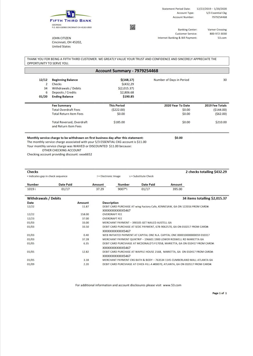 USA Fifth Third Bank Statement Template