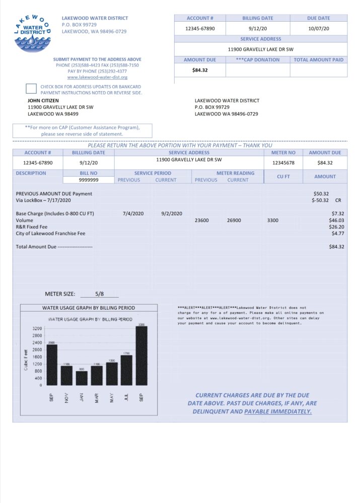 USA Lakewood Water District Utility Bill Word And PDF Template