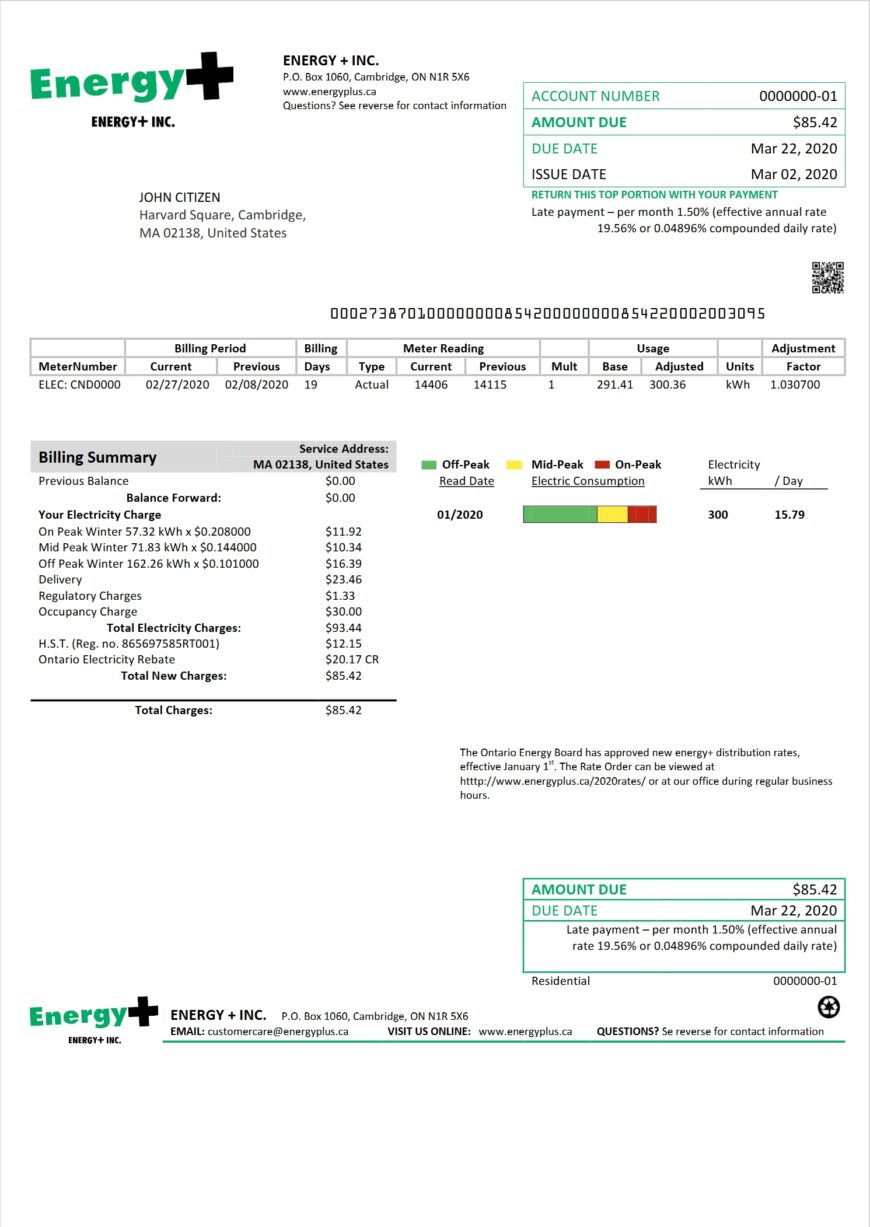 USA Massachusetts Energy Plus Electricity Utility Bill Word And PDF Template