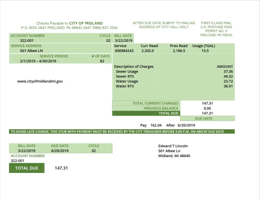 USA Michigan Water Utility Bill Word And PDF Template