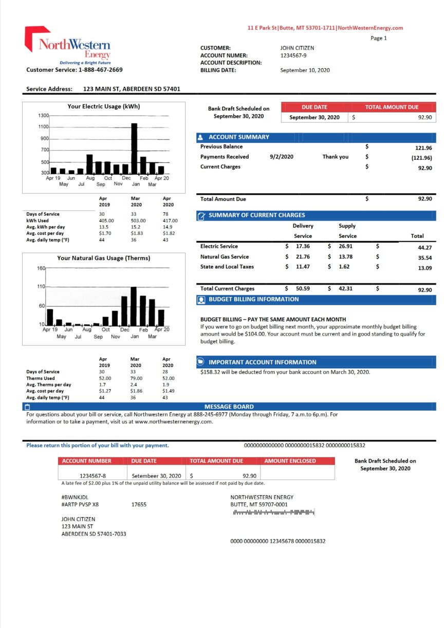 USA NorthWestern Energy Utility Bill Word And PDF Template Version 2