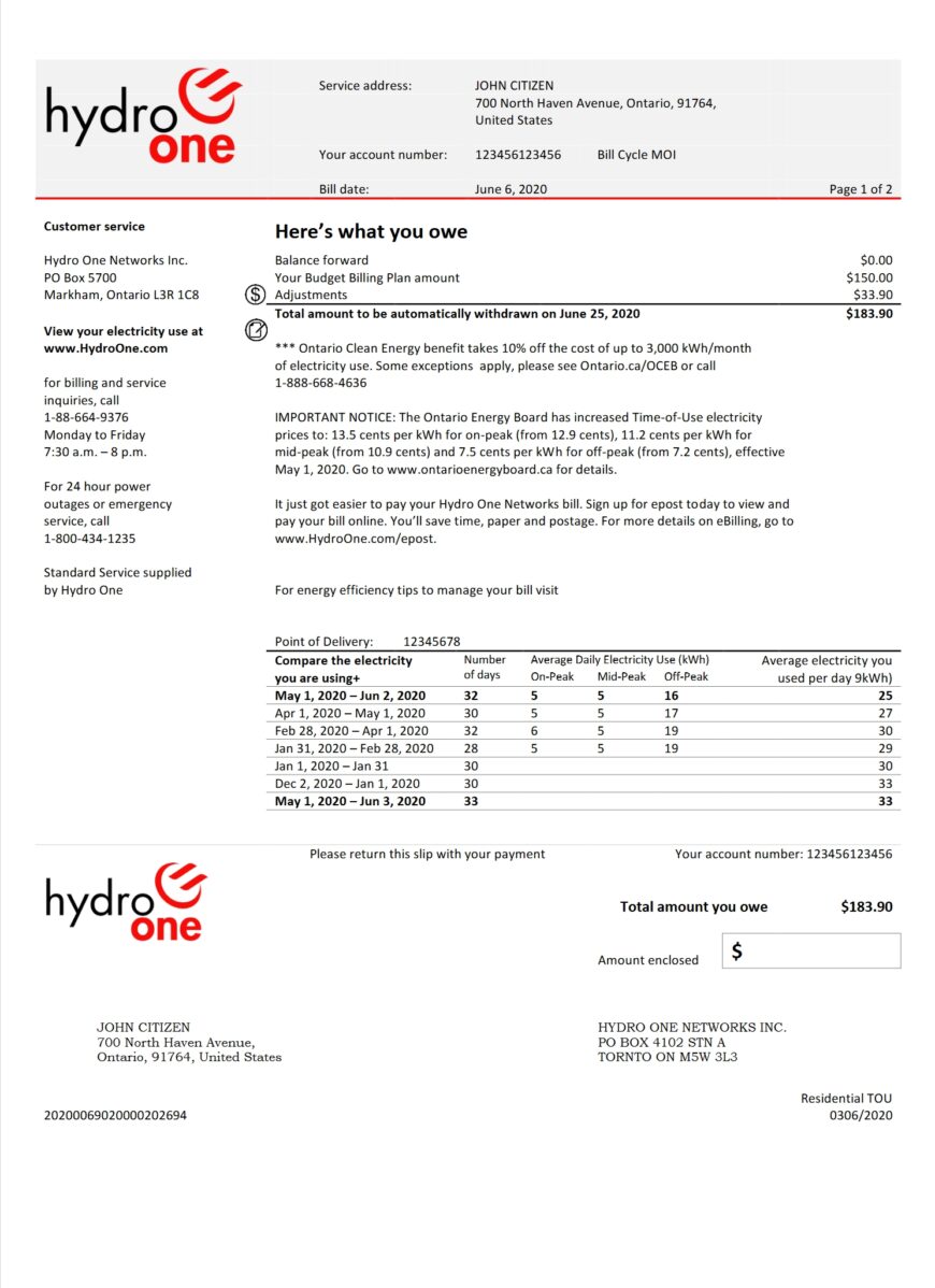 USA Ontarios Hydro One Electricity Utility Bill Word And PDF Template 2 Pages