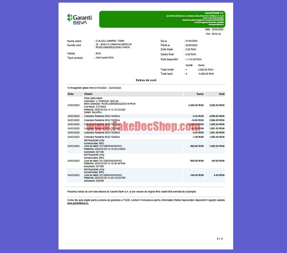 🇷🇴 Romania Garanti BBVA Bank Statement Template in word and pdf format