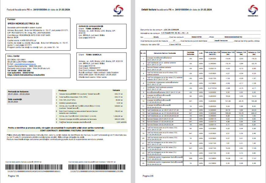 Romania Hidroelectrica Electricity Bill Template in word and pdf format