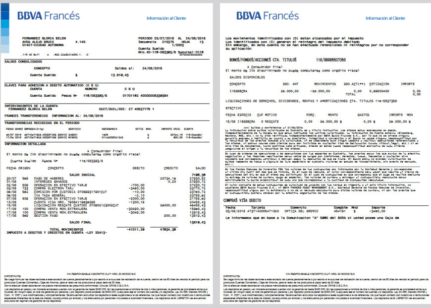 Argentina BBVA Francés Bank Statement Template in word and pdf format