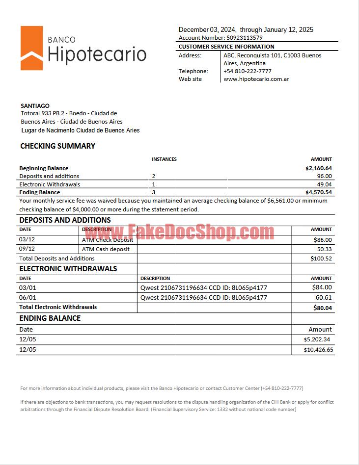Argentina Banco Hipotecario Bank Statement Template in word and pdf format