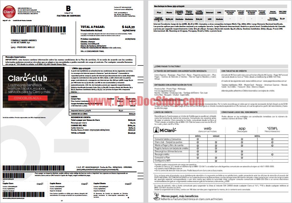 Argentina Claro-AMX ARGENTINA S.A. Template in word and pdf format