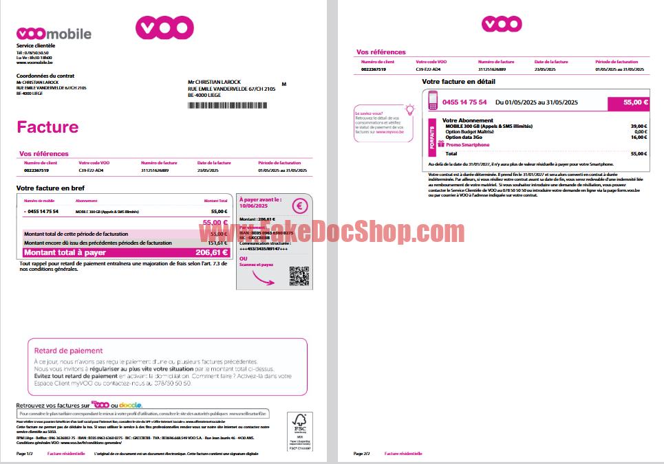 Belgium VOO Mobile Invoice Summary Template in Word And PDF format
