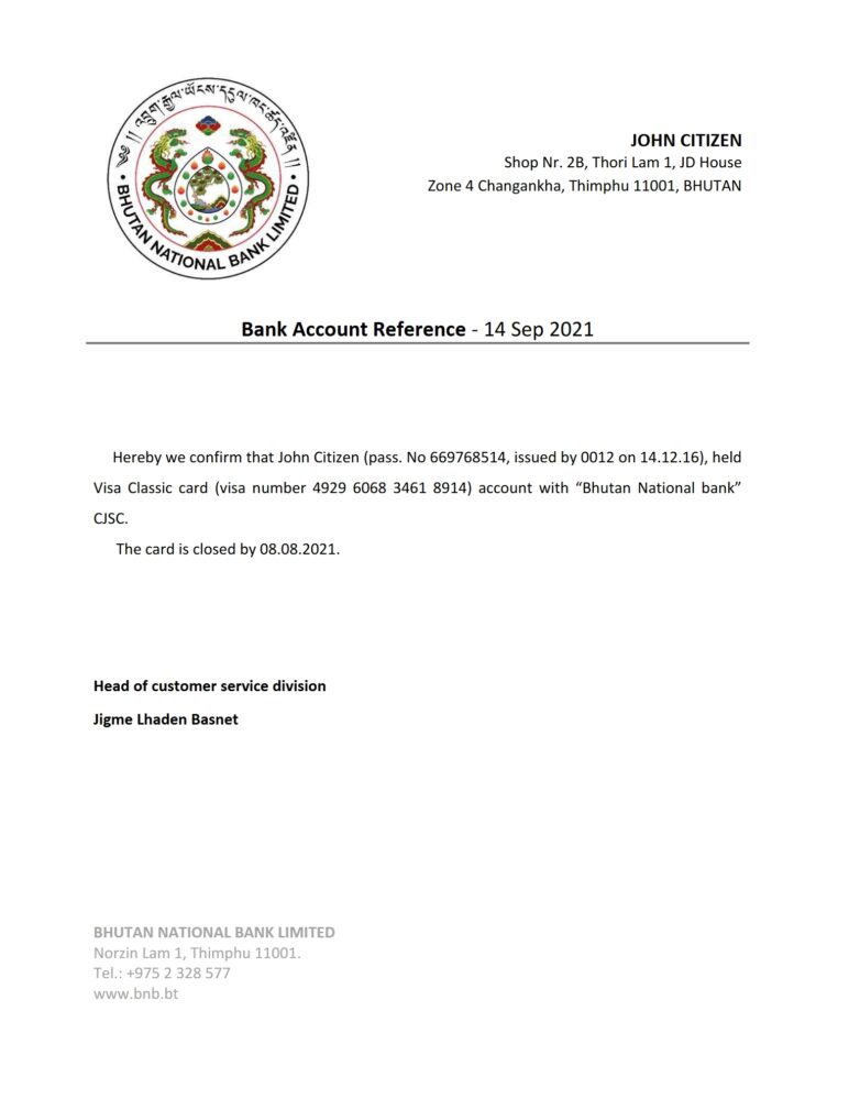 Bhutan National Bank Reference Letter Template