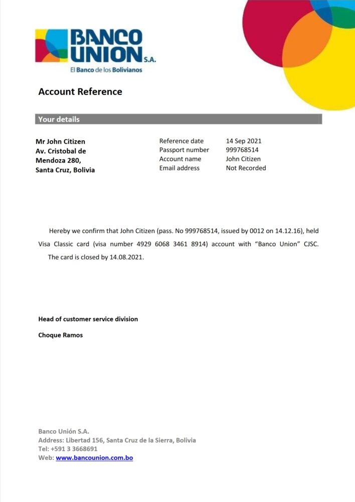 Bolivia Banco Union Bank Reference Letter Template