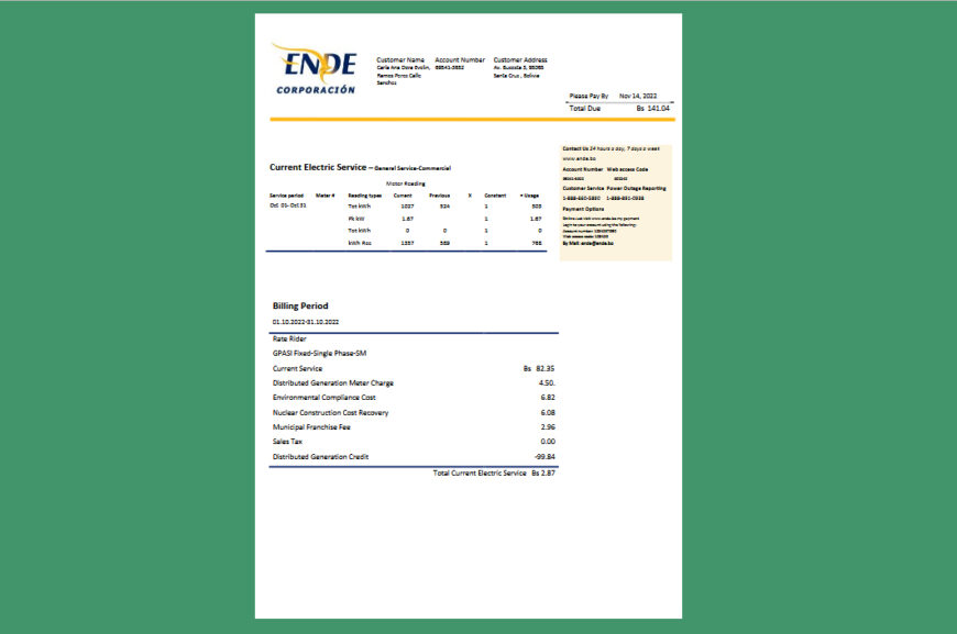 Bolivia ENDE Corporación Electricity Bill Template in word and pdf format