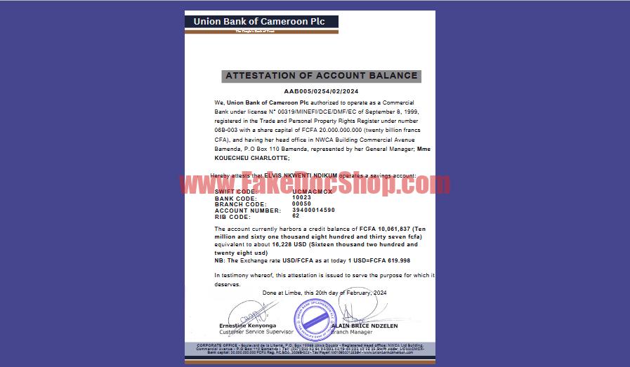 Cameroon Union Bank of Cameroon PLC Template in word and pdf format