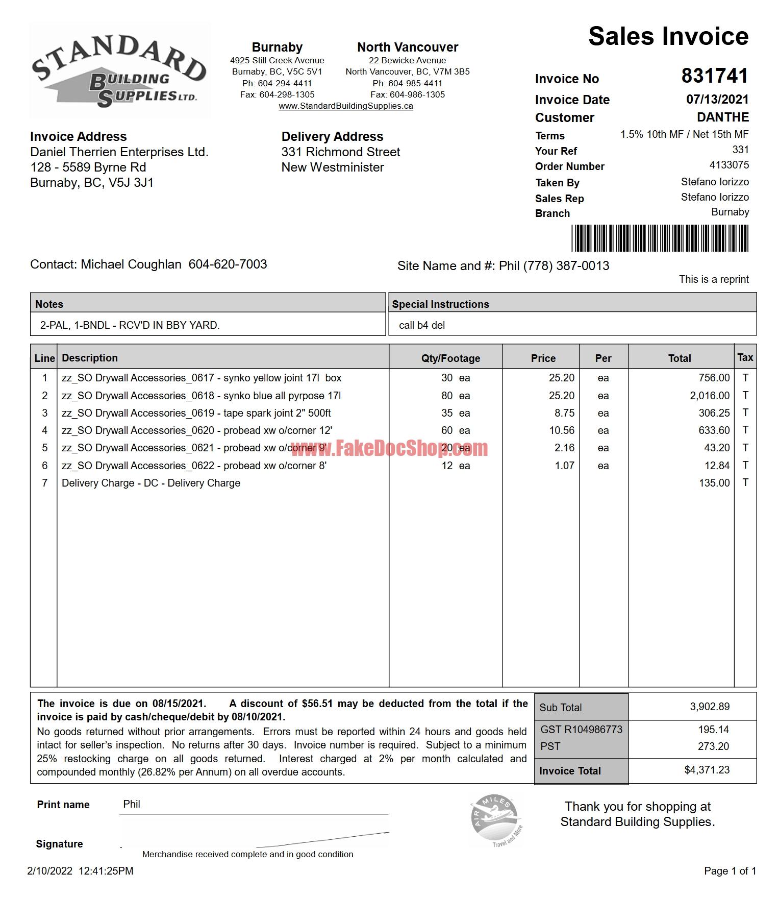 Canada Standard Building Supplies Sales Invoice Word And PDF Template
