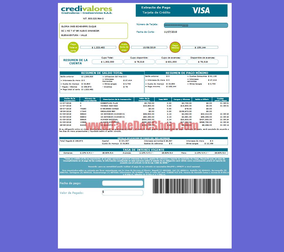 Colombia Credivalores Crediuno credit card statement Template in word and pdf format