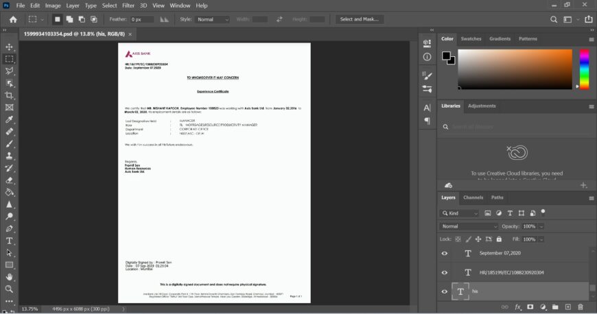Fake Axis Bank Experience Certificate PSD Template
