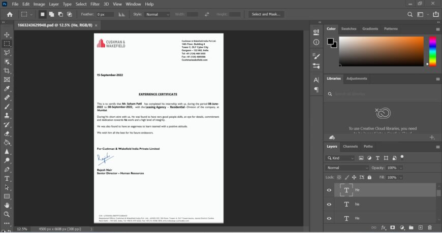 Fake Cushman Wakefield Company Experience Certificate PSD Template