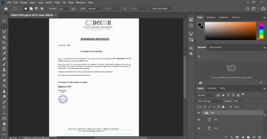 Fake Decon Construction Company Experience Certificate PSD Template