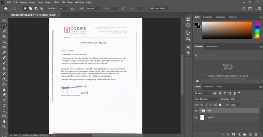 Fake Dejure Legaltech Company Experience Certificate PSD Template