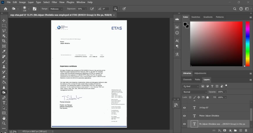 Fake Etas company Experience Certificate PSD Template