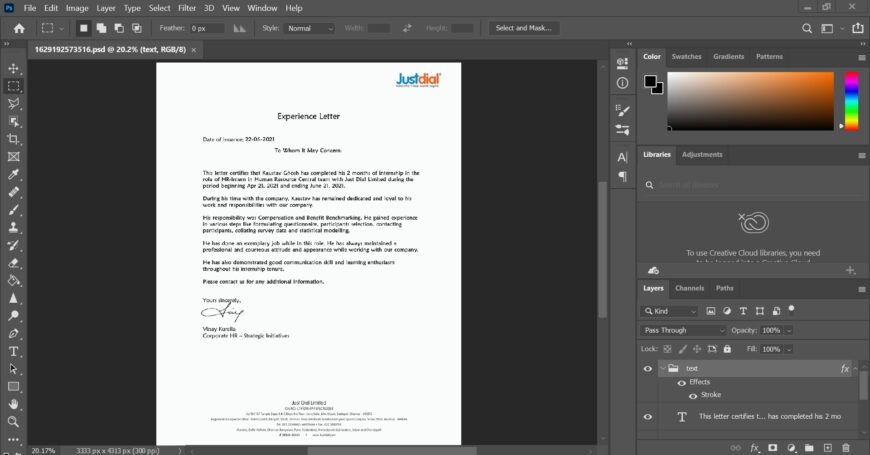 Fake Justdial Experience Certificate PSD Template