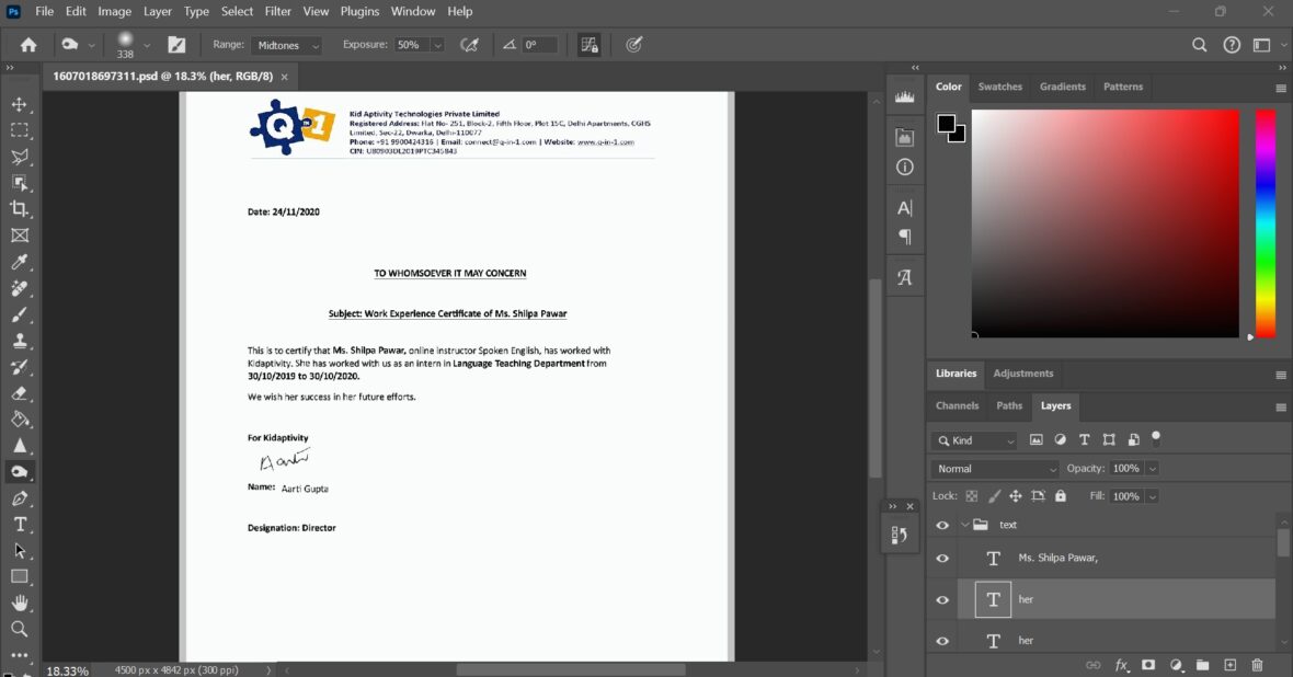 Fake Kid Aptivity Technologies Private Limited Experience Certificate PSD Template