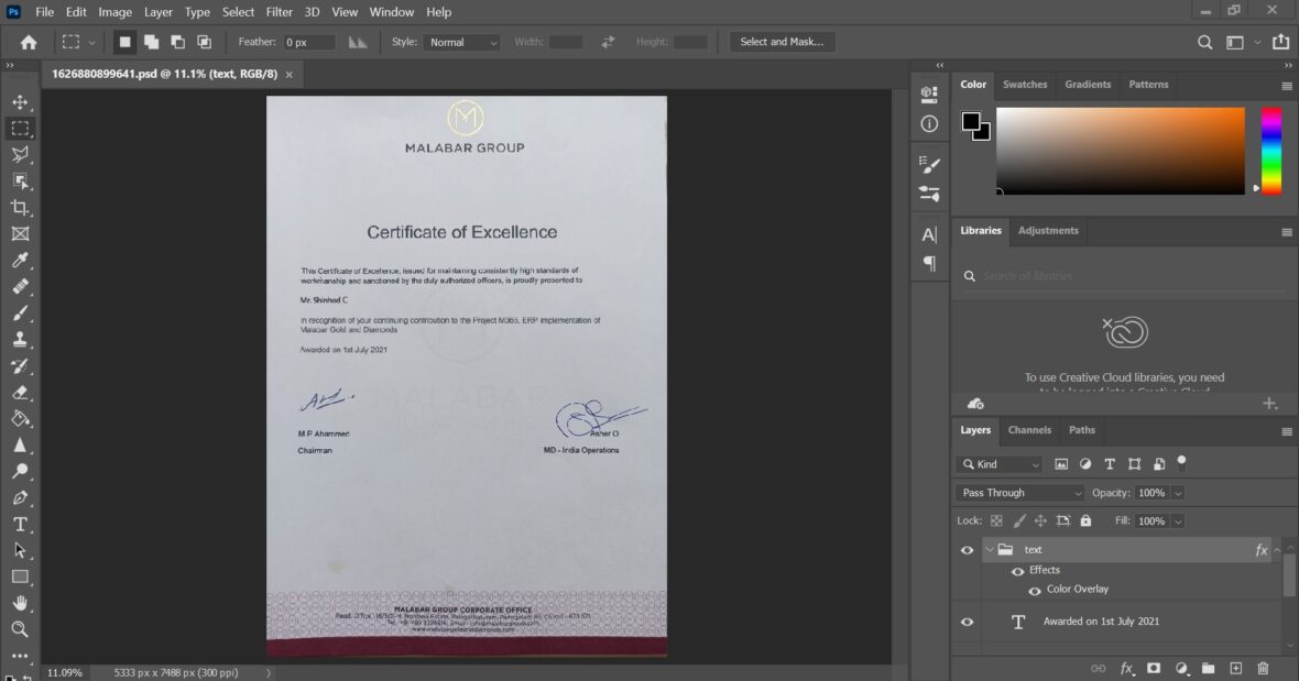 Fake Malabar Group Experience Certificate PSD Template