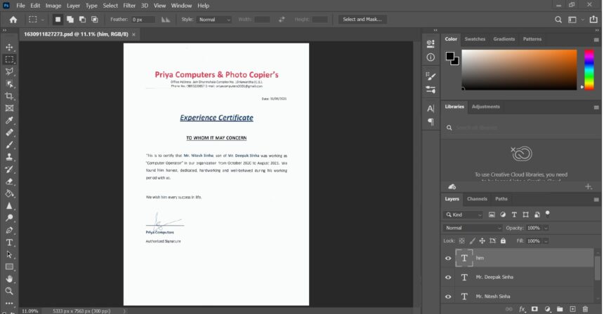Fake Priya Computers Experience Certificate PSD Template