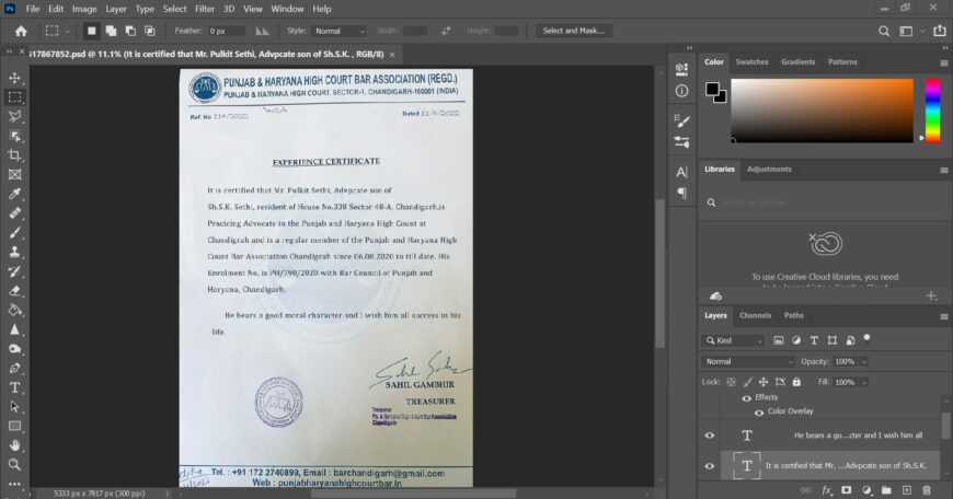 Fake Punjab Haryana High Court Bar Association Experience Certificate PSD Template