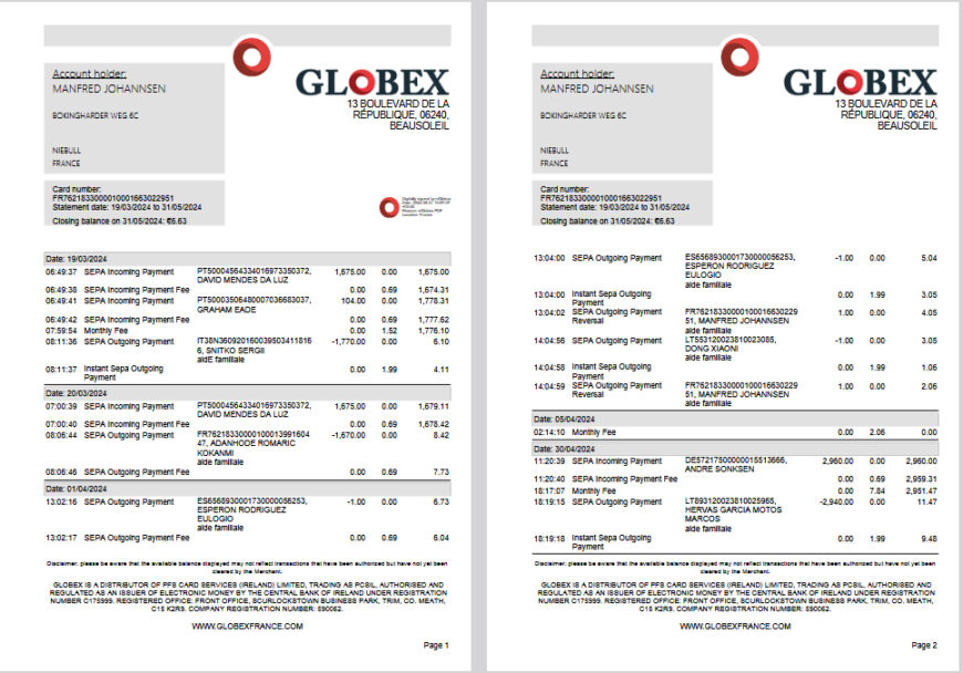 France GLOBEX Bank Statement Template in word and pdf format