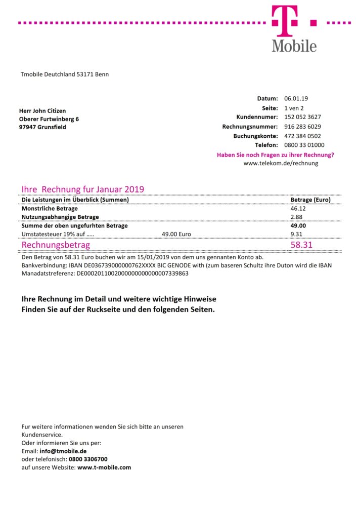 Germany T Mobile Utility Bill Word And PDF Template