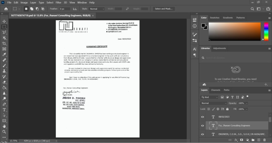 Hanavi Consulting Engineers Experience Certificate PSD Template