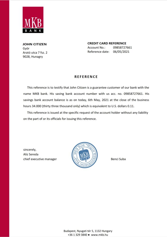 Hungary MKB Bank Reference Letter Template Version 2