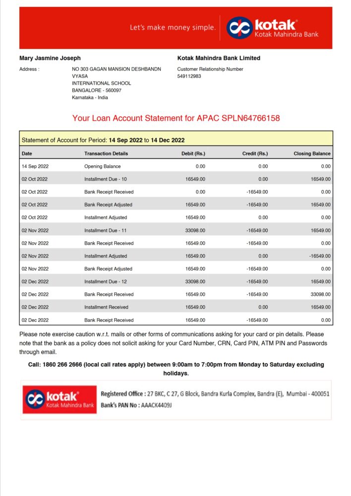 India Kotak Mahindra Bank Statement Word And PDF Template