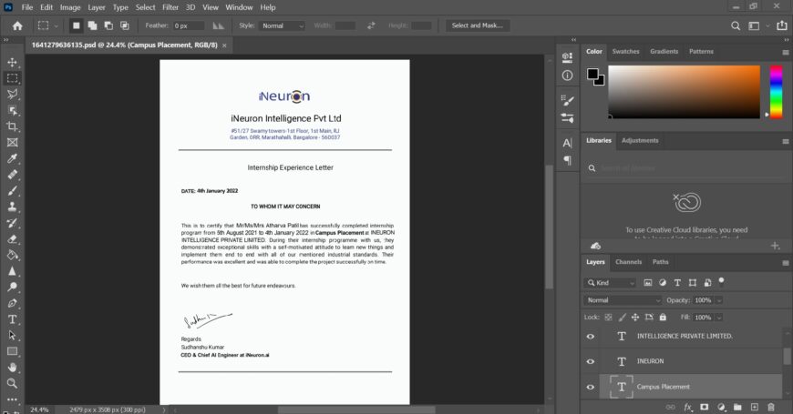 Ineuron Company Experience Certificate PSD Template