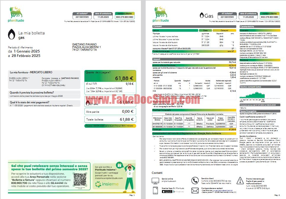 Italy Plenitude Gas Template in word and pdf format
