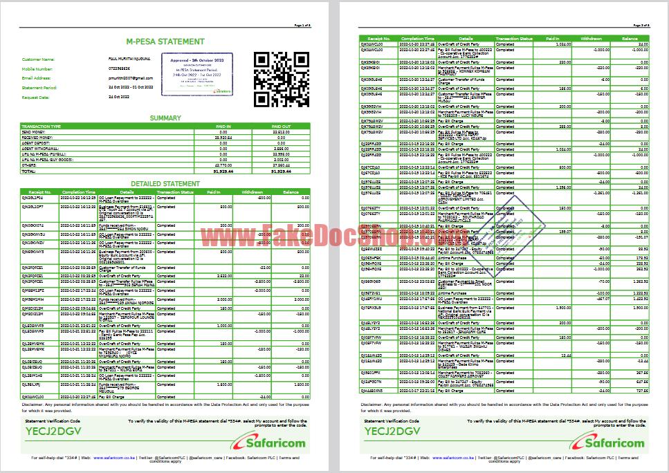 Kenya M-PESA Statement Template in word and pdf format