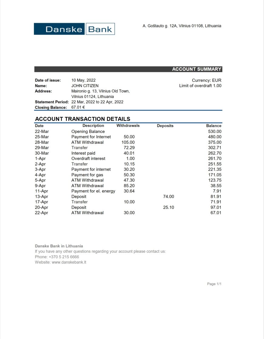 Lithuania Danske Bank Statement Excel And PDF Template