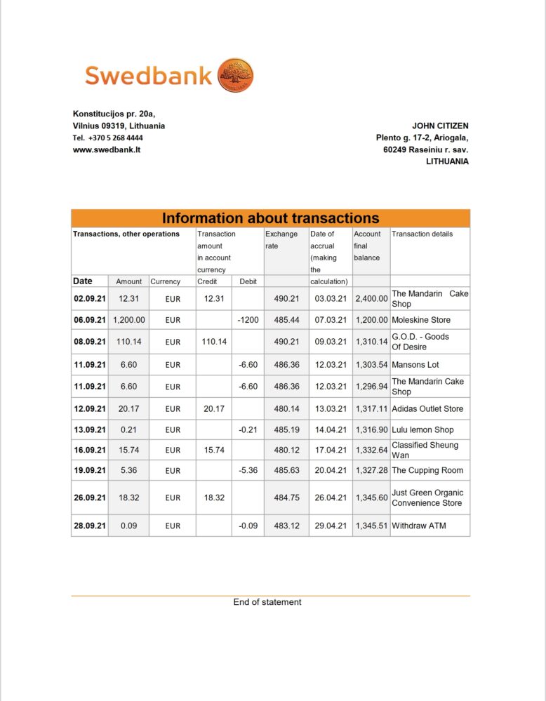 Lithuania SwedBank Bank Statement Excel And Pdf Template