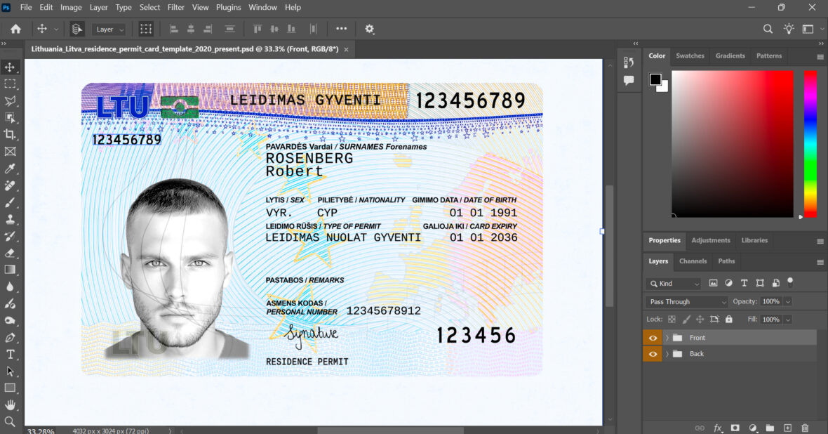 Lithuanian residence permit Card PSD Template