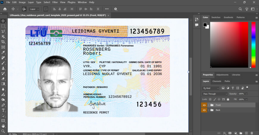 Lithuanian residence permit Card PSD Template