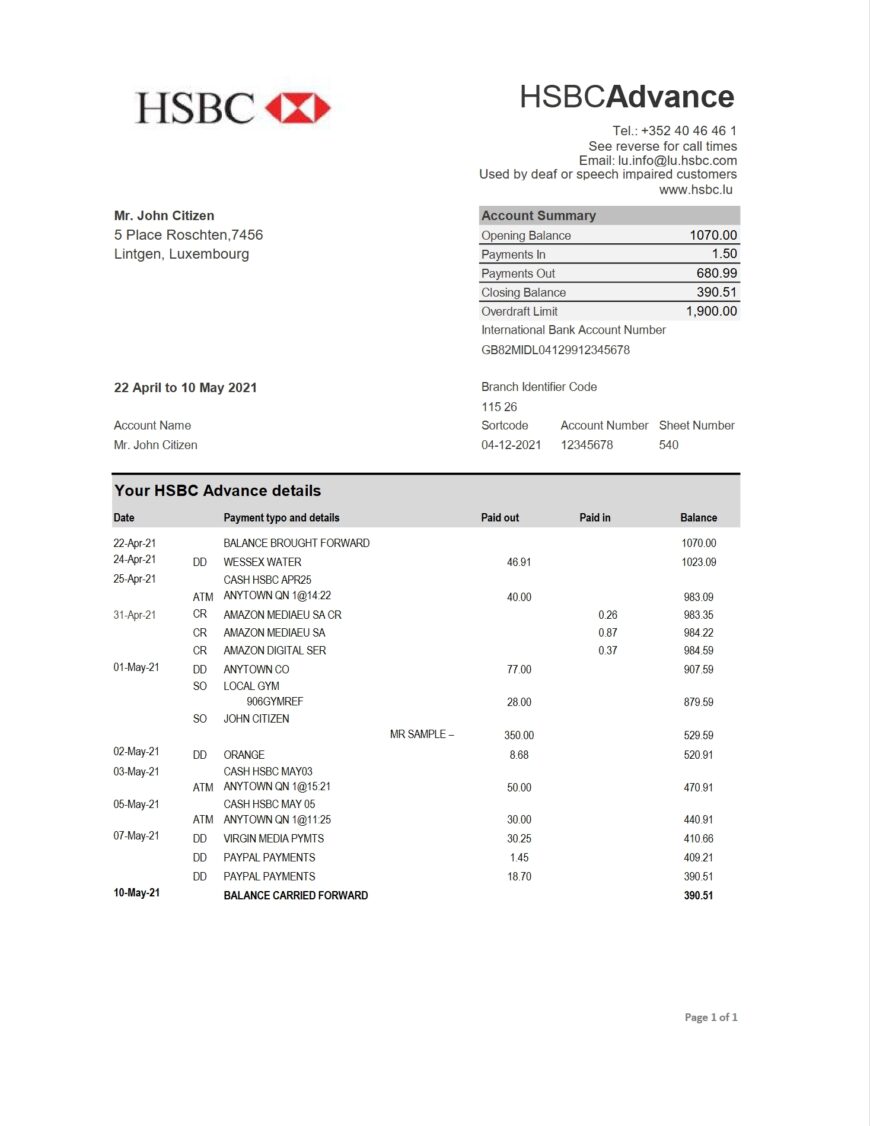 Luxembourg HSBC Bank Statement Excel And PDF Template