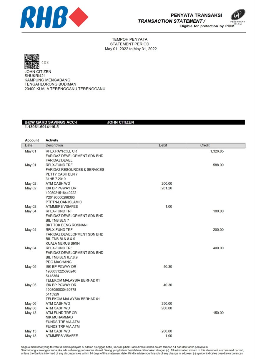 Malaysia Islamic RHB Bank Statement Word And PDF Template