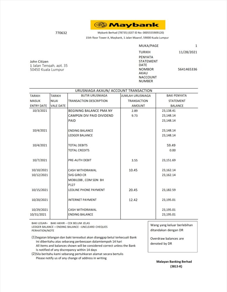 Malaysia Maybank Bank Statement Excel And PDF Template
