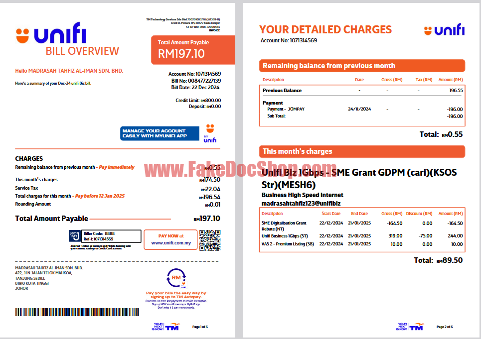 Malaysia Unifi TM Technology Services Template in word and pdf format